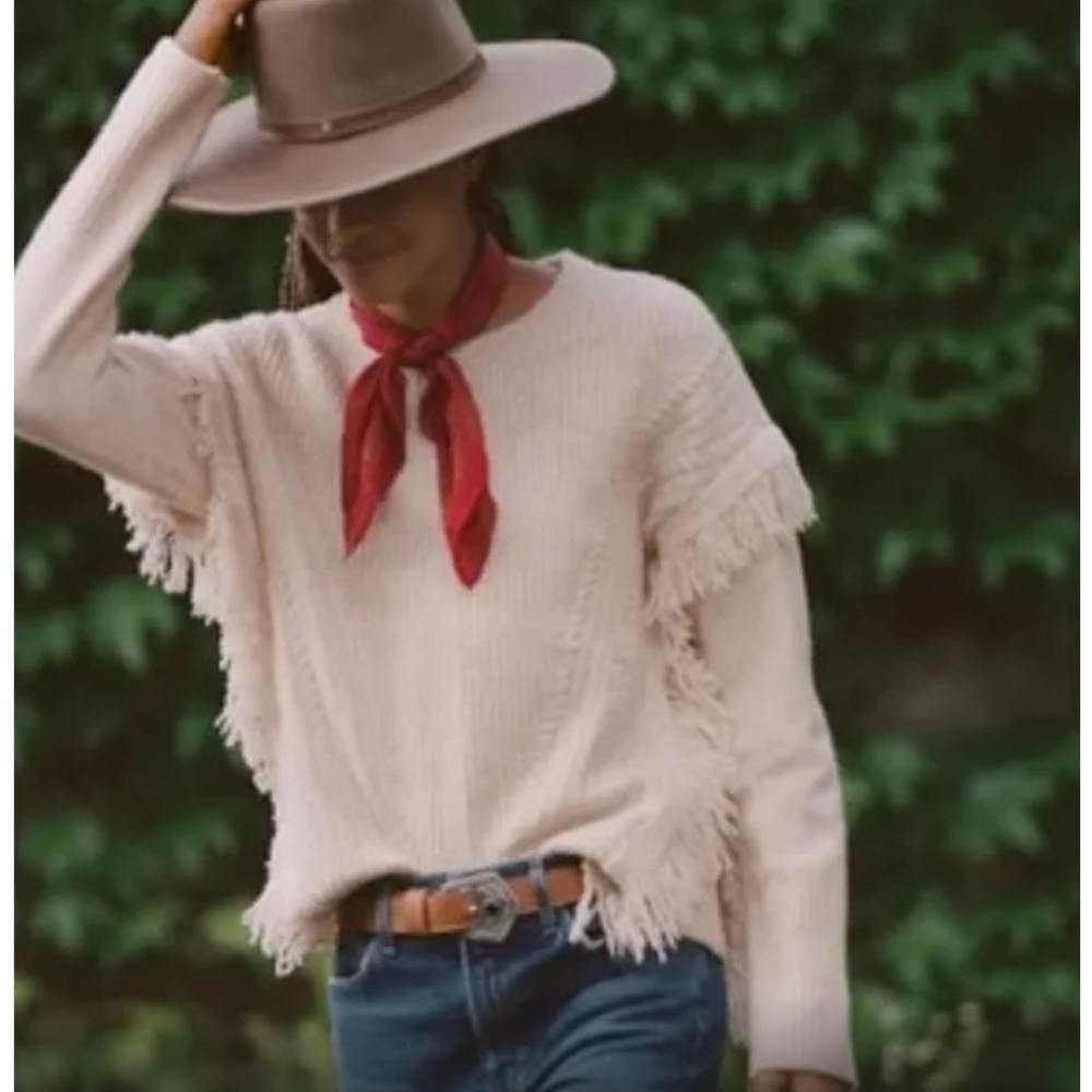 Anthropologie Cream Fringe Sweater